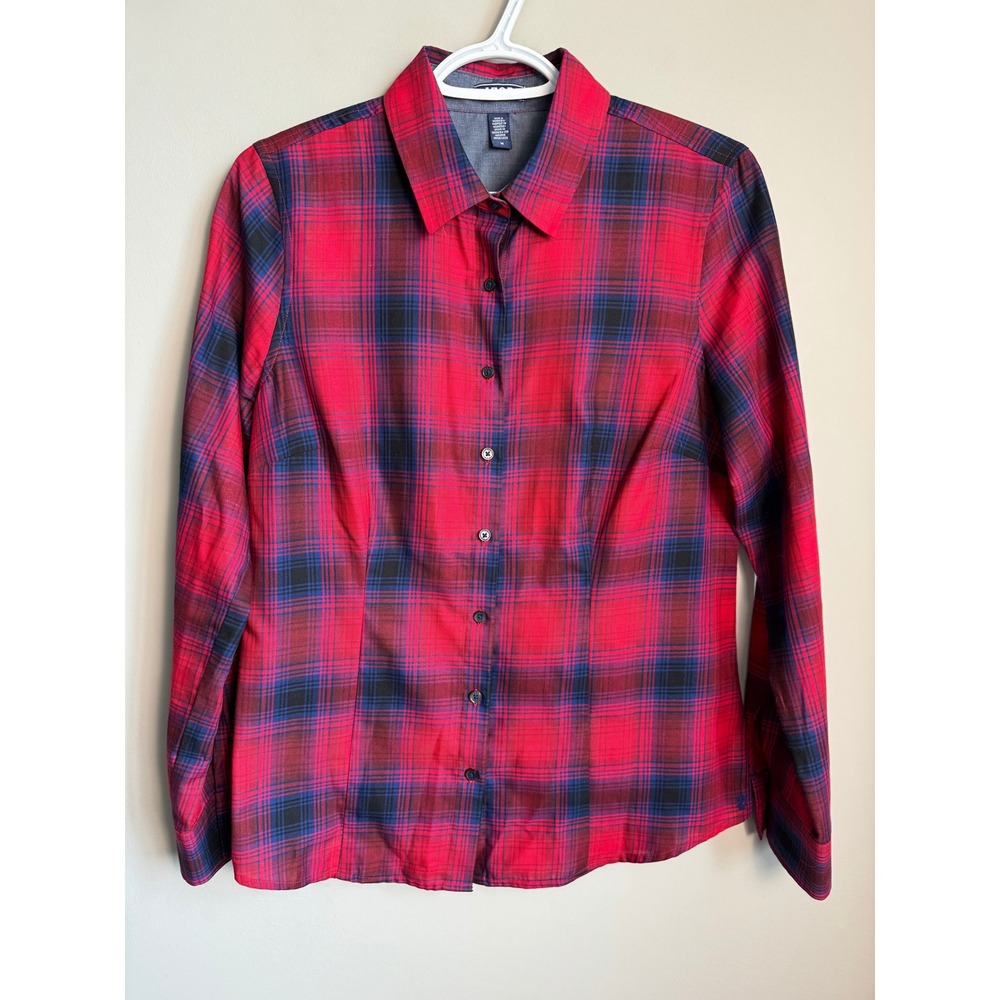IZOD Red Blue Plaid Button Up Shirt M Long Sleeve Dark Academia Cabin‎ Grunge